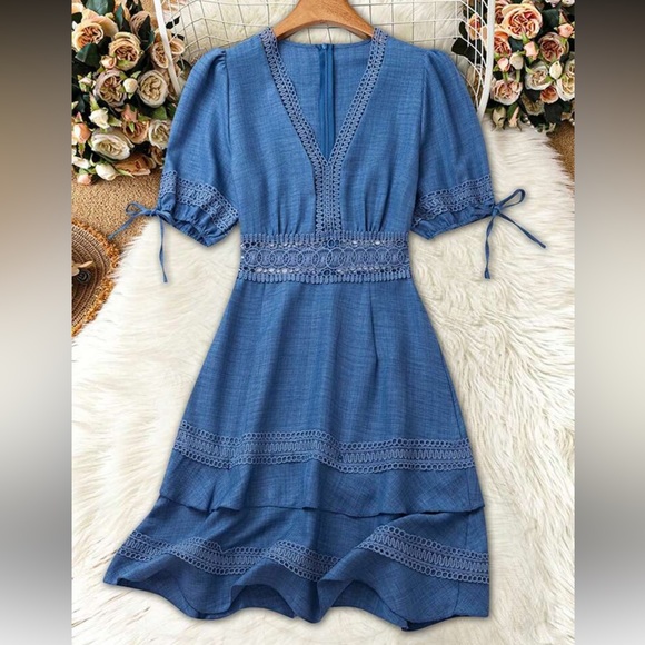 Elegant Baby Blue Lace Trim Dress - Picture 4 of 16